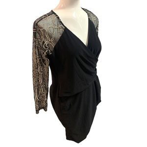 Black evening dress v-neck wrap waist sheer sleeves gold embroidery stretchy